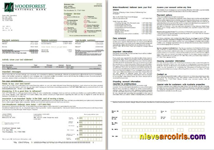 Australia Woodforest National bank mortgage statement, 2 pages, 1-2